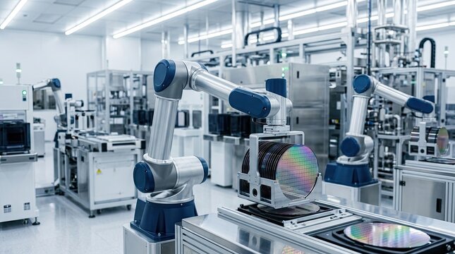 Two robotic arms meticulously handle a silicon wafer on a precision stage within a cleanroom environment.