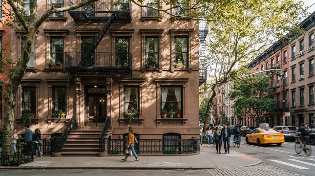 New York City brownstone street scene with yellow taxi and pedestrians.