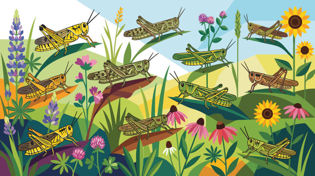 Colorful grasshoppers on wildflowers in meadow.