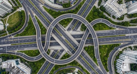 Fototapeta premium An aerial photograph showcases a complex highway interchange. Multiple roadways converge and diverge within a large circular overpass.