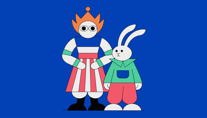 Naklejka premium cartoon robot and rabbit friends