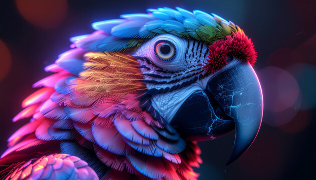 Close-up portrait of a vibrant parrot with neon bioluminescent feathers
