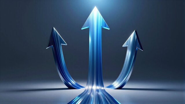 Three glowing blue arrows converge upward, symbolizing progress and direction.
