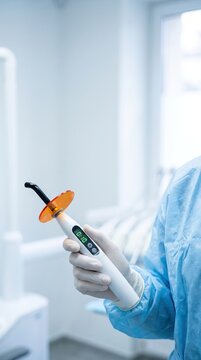 Dentist Hand In White Glove Holding LED Curing Light In Bright Dental Clinic Advanced Dentistry Concept