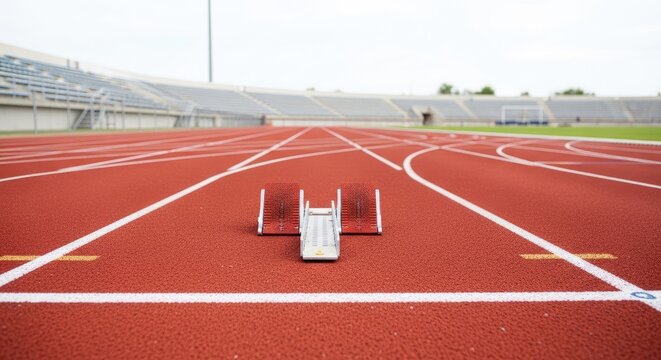 A starting block rests on a red running track. The track is located in an outdoor stadium with bleachers and a distant goalpost.