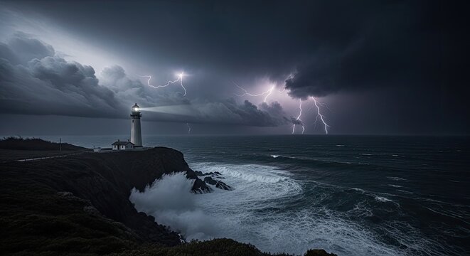 A dramatic lighthouse stands on a rocky coastline during a fierce thunderstorm. Lightning flashes illuminate the turbulent sea and dark, swirling clouds.