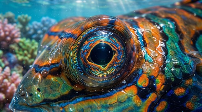 Detailed macro photograph of mandarin fish eye showing intricate iris details and iridescent scales