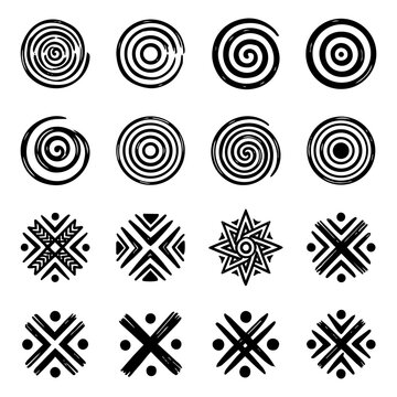 Set Of Hand Drawn Spiral Circles And Tribal Pattern Motifs Vector Illustration