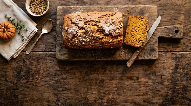 Pumpkin bread loaf topped with seeds rests on a wooden cutting board beside a slice, spoon, and small pumpkin over a dark rustic timber table top.
