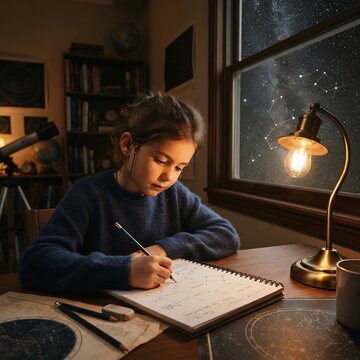 Young girl writing in a notebook at a desk with a lamp and telescope.