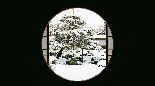 Circular satori window framing snow covered pine tree and traditional japanese garden in winter