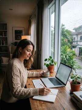 Young woman working on laptop at wooden desk by window with raindrops during rainy day home office remote work