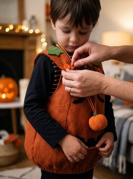 Mother helping young son put on a cute pumpkin costume for halloween celebration with child costume