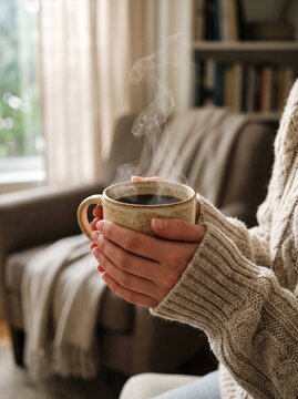 Woman hands holding hot steaming mug of coffee or tea sitting in cozy armchair with knitted sweater hot drink beverage