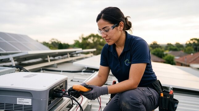 Female technician wearing safety glasses checking solar panel inverter equipment on rooftop with rooftop installation