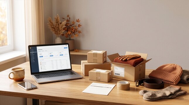 Online store packing station with laptop showing order management software on wooden table e commerce shipping boxes