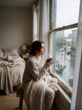 Young woman holding a mug while looking out a rainy window from her cozy bedroom with relaxation peaceful lifestyle