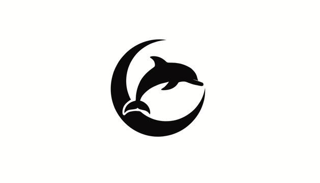 Black dolphin jumping from crescent moon logo, minimal and abstract, symbolic of freedom, dreams, and nature
