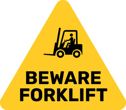 Yellow triangular beware forklift warning sign for industrial warehouse safety, forklift traffic alerts and workplace hazard prevention