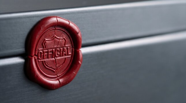 Wax seal with embossed "OFFICIAL" stamp, cracked on dark textured surface, representing authenticity and certification.