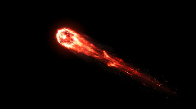 A bright glowing fireball or burning meteor streaking across the dark night sky leaving a trail of fire sparks and hot embers behind it