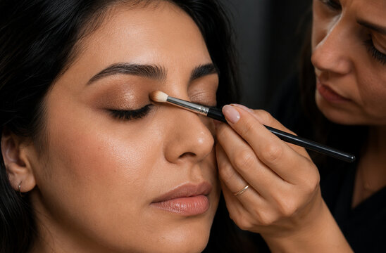 A makeup artist applies eyeshadow to a woman's eyelid with a brush, focusing on creating a natural and elegant look.