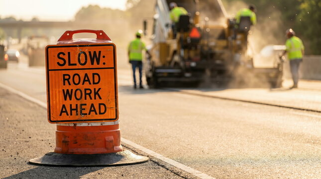 Road work sign with workers and machinery on highway during construction, essential infrastructure maintenance.