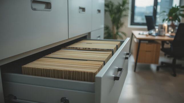 Filing cabinet drawer holding organized case file folders in office