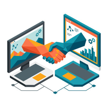 Digital handshake agreement on computer screens, data analysis and business concept.