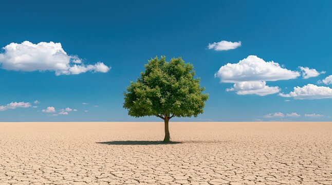Tree standing solitary in a vast arid desert with cracked earth representing nature survival and climate resilience