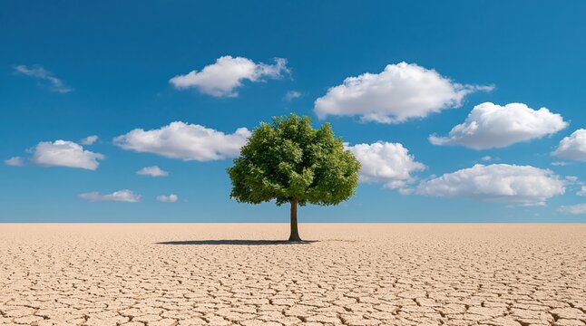 Tree growing in a dry desert landscape with cracked earth representing nature survival resilience and climate change