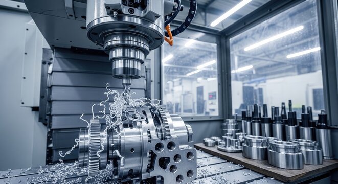 A CNC milling machine precisely cuts a complex gear from a large aluminum block. Sparks fly as the cutting tool removes material.