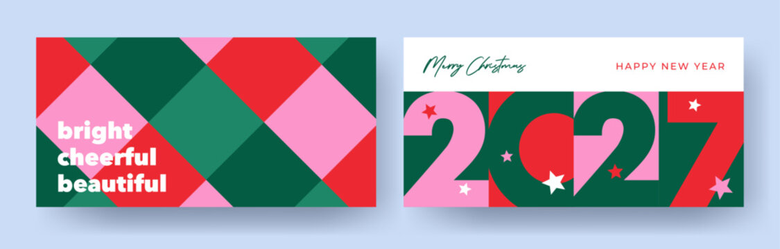 Merry Christmas and Happy New Year 2027 card with modern typography design, bold geometric numbers, stars and checkered print. Holiday template for branding, greeting cards, posters and social media, 