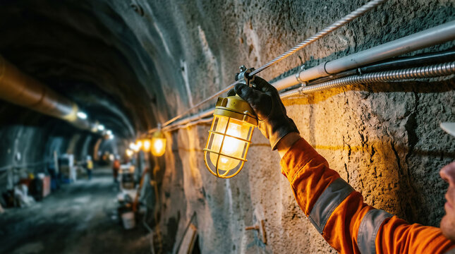 Tunnel worker holding safety lamp in underground construction site, essential for illumination and safety.