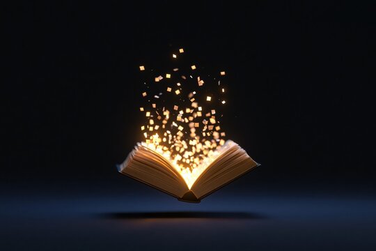 Book with glowing magic light and golden particles emerging from pages creating a fantasy story of mystery wisdom