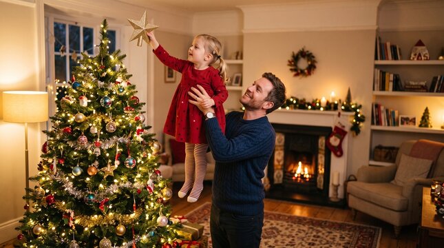 Father and daughter decorating Christmas tree with star topper