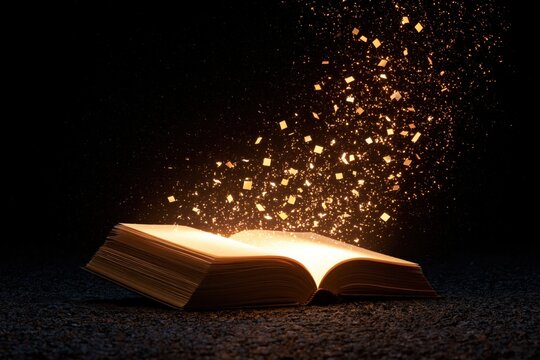 Book with glowing magic sparks and mystical particles floating from open ancient pages full of fantasy knowledge