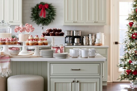 Modern kitchen coffee bar with mugs and holiday treats; understated wide view, soft furnishings