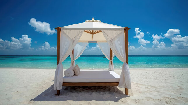 Luxury beachfront canopy bed beneath linen umbrella with serene tropical ocean view
