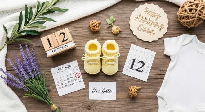A flat lay image showcases a baby shower announcement with a focus on the due date of October 12th. A wooden block displays the number '12' alongside the month 'October'.