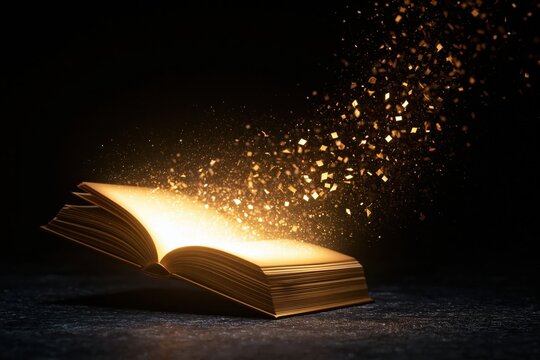 Book with magic glowing light and golden sparkle on a wooden table creating a mystical fantasy fairy tale story