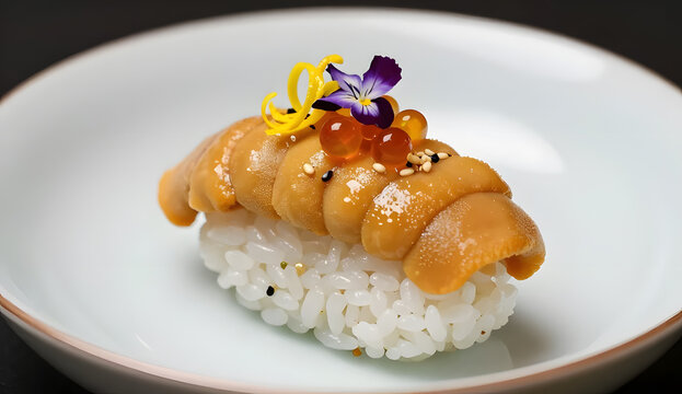 extreme macro of silky たらこ served over delicate sushi rice, decorated with yuzu zest curls, edible flowers, micro shiso and tiny sesame seeds, glossy roe catching the light, elegant porcelain plate