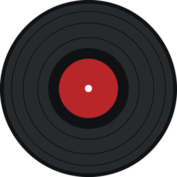 Vinyl Record Close-up: A detailed close-up of a vintage vinyl record, showcasing its iconic grooves and the striking contrast between the black disc and the red center label.