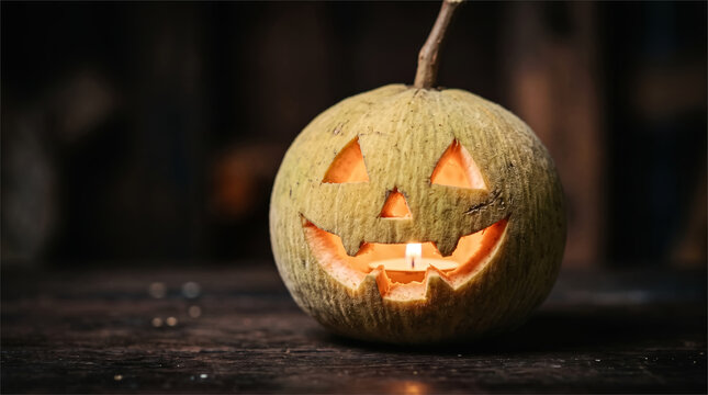Jack-o-lantern carved from a santol fruit glowing on wood table