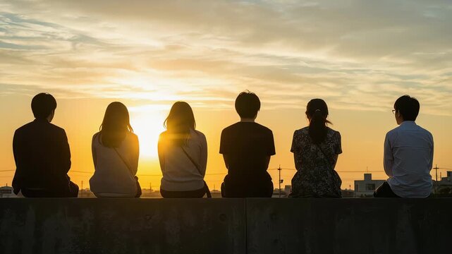 夕暮れの堤防に並んで座り輝く海と沈む夕日を静かに見つめる若者たち