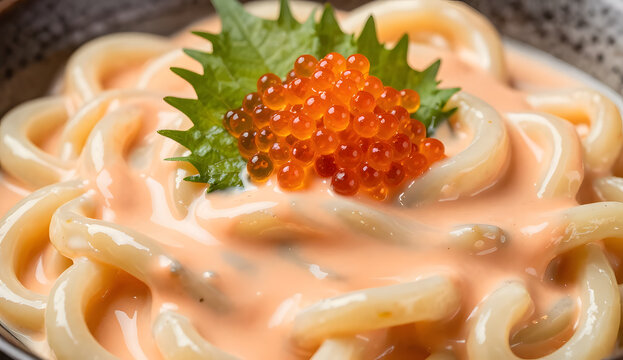 extreme close-up of glossy Japanese mentaiko cream udon, thick noodles coated in rich pink-orange cod roe sauce, mentaiko pearls visibly glistening, delicate shiso leaves and ikura garnish