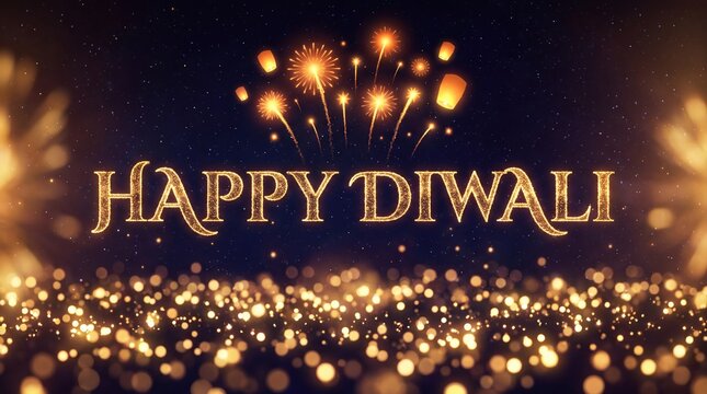Happy Diwali greeting card with golden glowing text and festive fireworks background