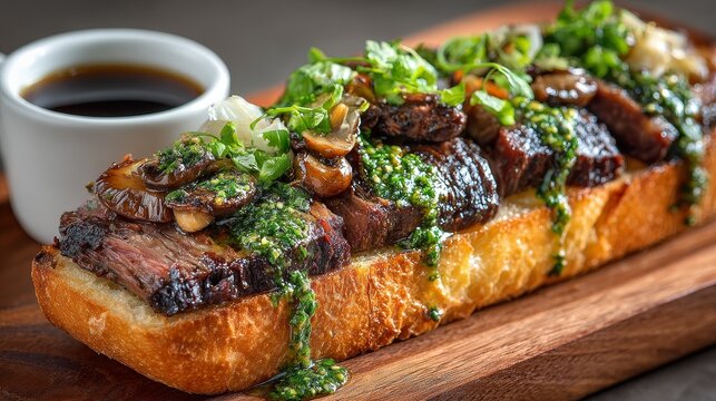 Prime rib sandwich baguette juicy beef chimichurri onions mushrooms jus rustic board Mediterranean cafe warm light shallow depth minimal premium menu gourmet food concept