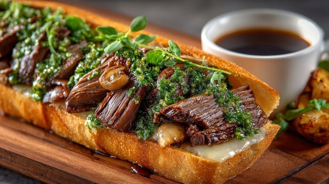 Prime rib sandwich baguette juicy beef chimichurri onions mushrooms jus rustic board Mediterranean cafe warm light shallow depth minimal premium menu gourmet food concept