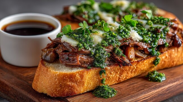 Prime rib sandwich baguette juicy beef chimichurri onions mushrooms jus rustic board Mediterranean cafe warm light shallow depth minimal premium menu gourmet food concept